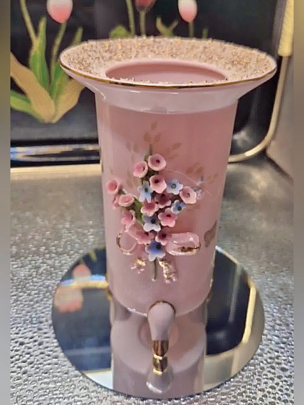 Vintage MCM Pink Lefton China Footed Bud Vase 24k Gold Sugared Rim & butterflies
